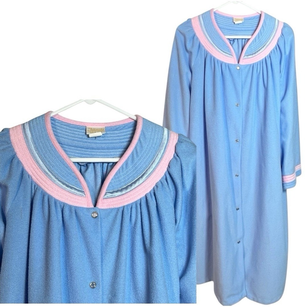 Intimate Moods Robe Housecoat Vintage 80s Womens Blue Midi Snap Front USA 3XL